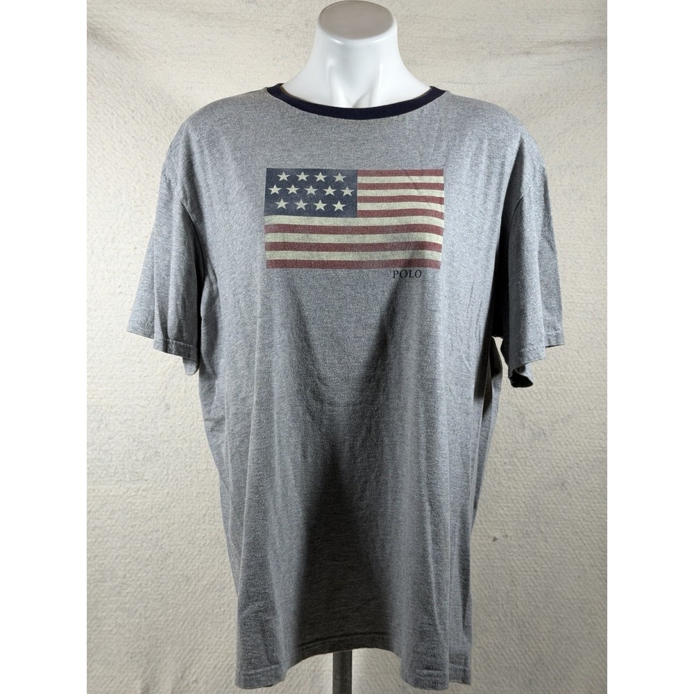 Vintage Polo Ralph Lauren Mens XL American Flag Gray T Shirt Preppy Americana